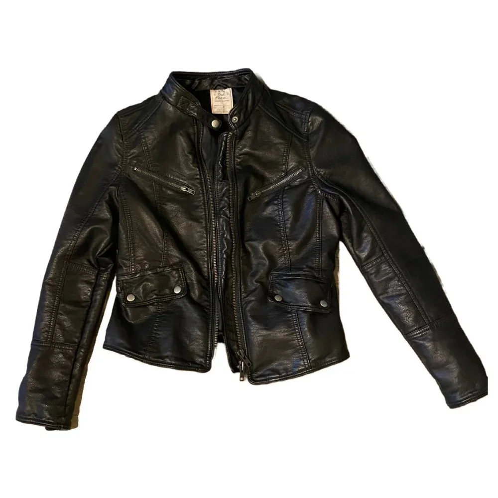 Free People Hooded Faux-Leather Moto Black Jacket - Picture 2 of 6